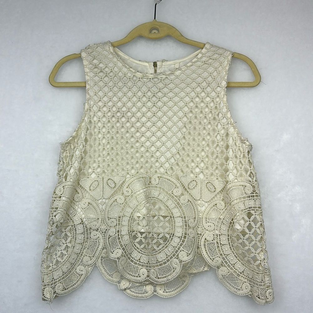 Sage Crochet/Lace Tank Sz M Sleeves Tam/Cream